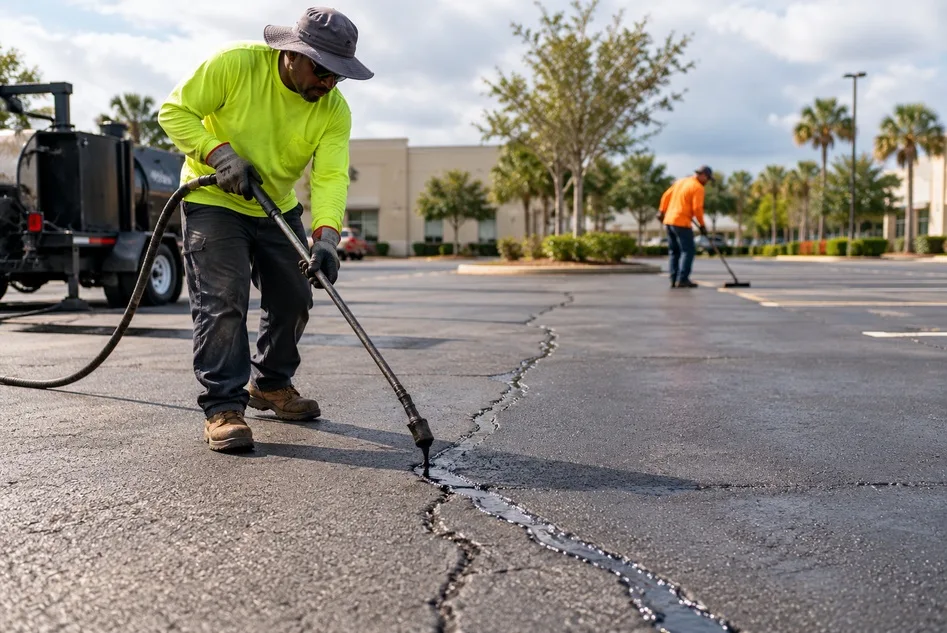Worker sealing asphalt cracks before sealcoating a commercial parking lot in Lake County.