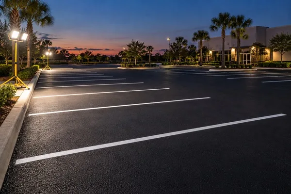Fresh white parking lot lines illuminated by portable work lights outside a commercial building at dusk.
