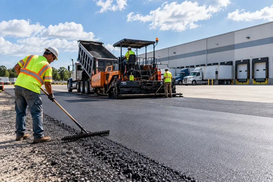 Crew paving a heavy truck yard outside a Lake County warehouse.