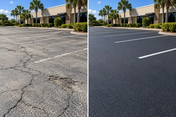 Side-by-side comparison of cracked commercial asphalt and a smooth sealed parking lot with fresh white lines.